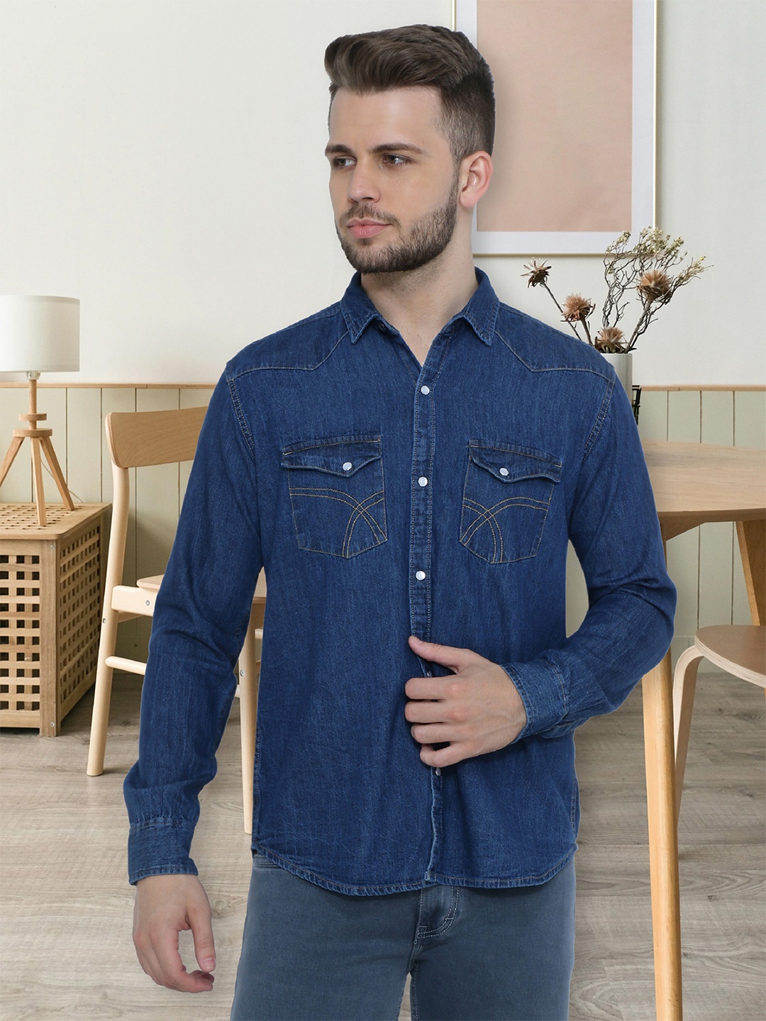 

Kuons Avenue Spread Collar Denim Slim Fit Casual Shirt, Blue