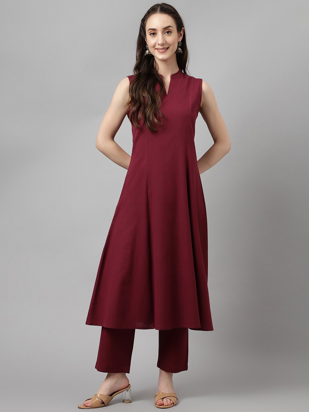 

FIORRA Band Collar A-Line Kurta with Trousers, Maroon