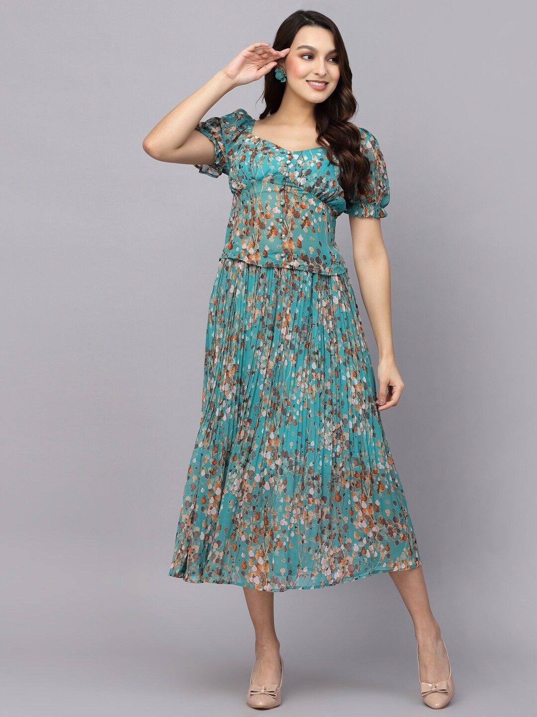 

Mafadeny Women Printed Top with Skirt Co-Ods Set, Sea green