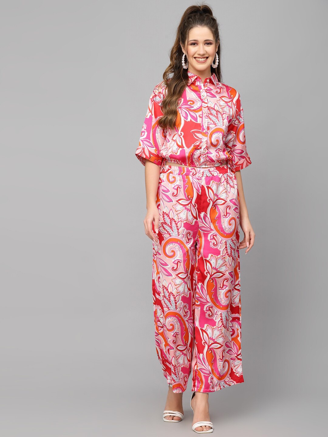 

Mafadeny Women Printed Shirt with Palazzos Co-Ords Set, Pink