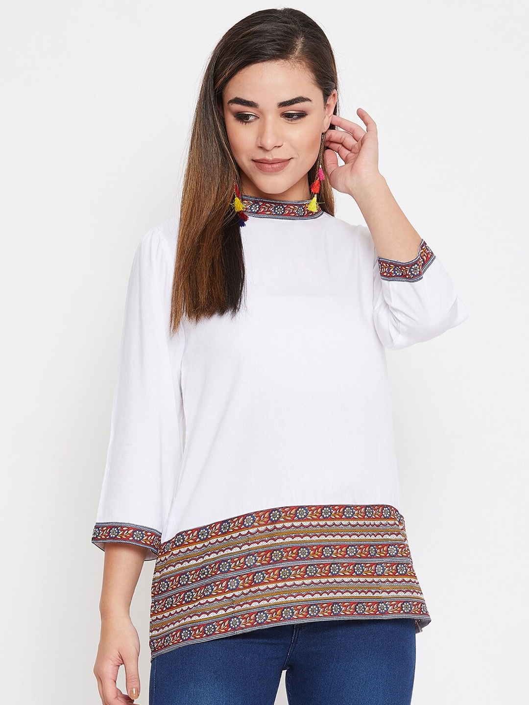 

TULIP 21 Floral Printed High Neck A-Line Kurti, White