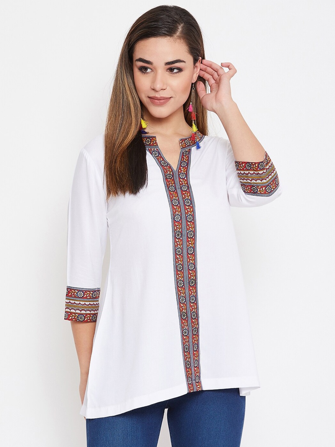 

TULIP 21 Notched Neck Regular Sleeves A-Line Kurti, White
