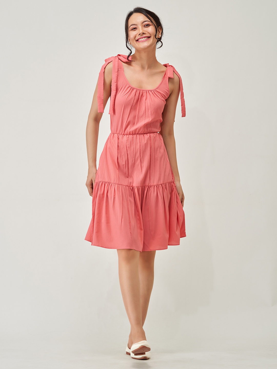 

AASK Crepe Sleeveless Knee Length Fit & Flare Dress, Peach