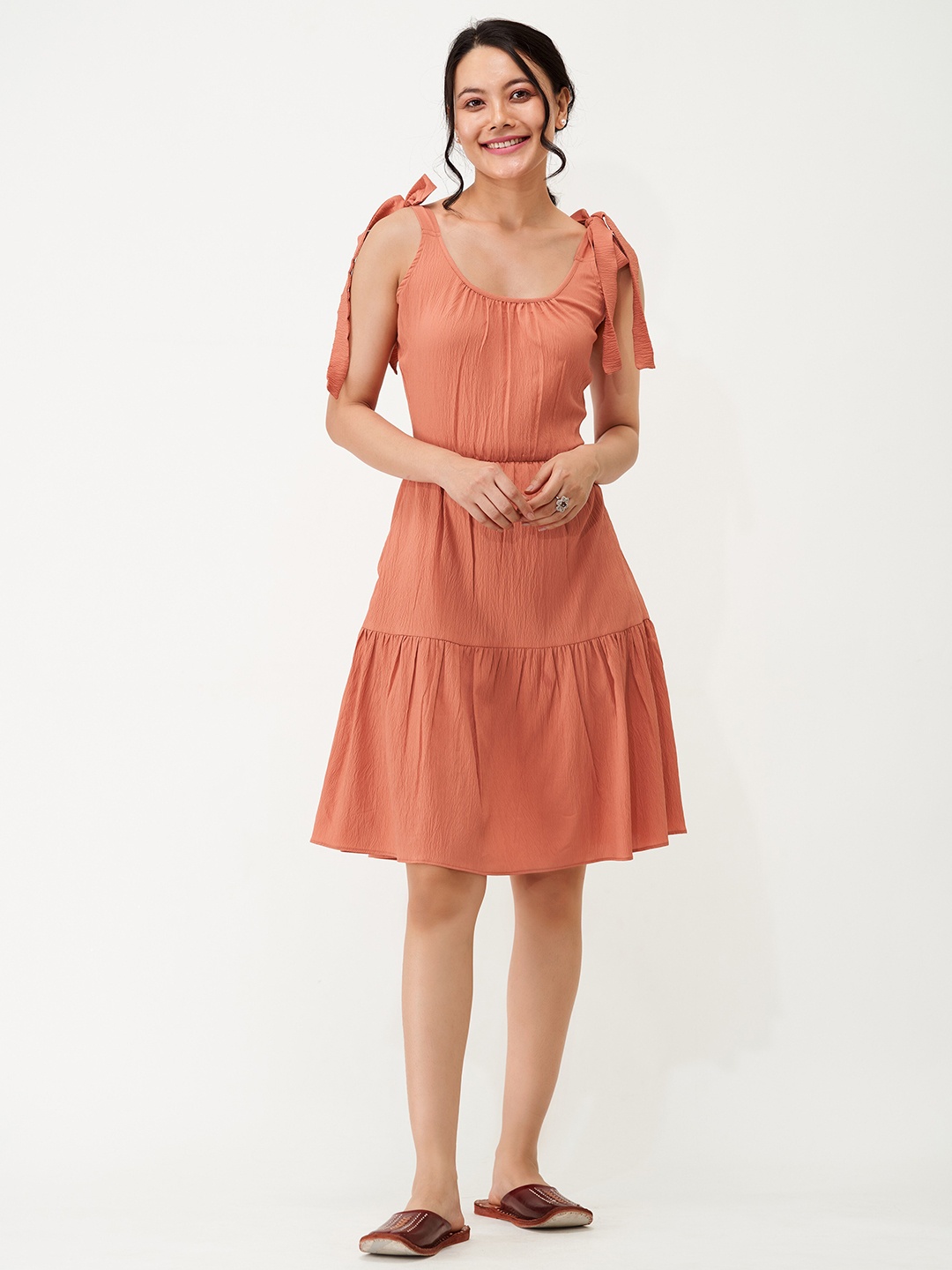 

AASK Shoulder Straps Tiered Mini Crepe A-Line Dress, Rust