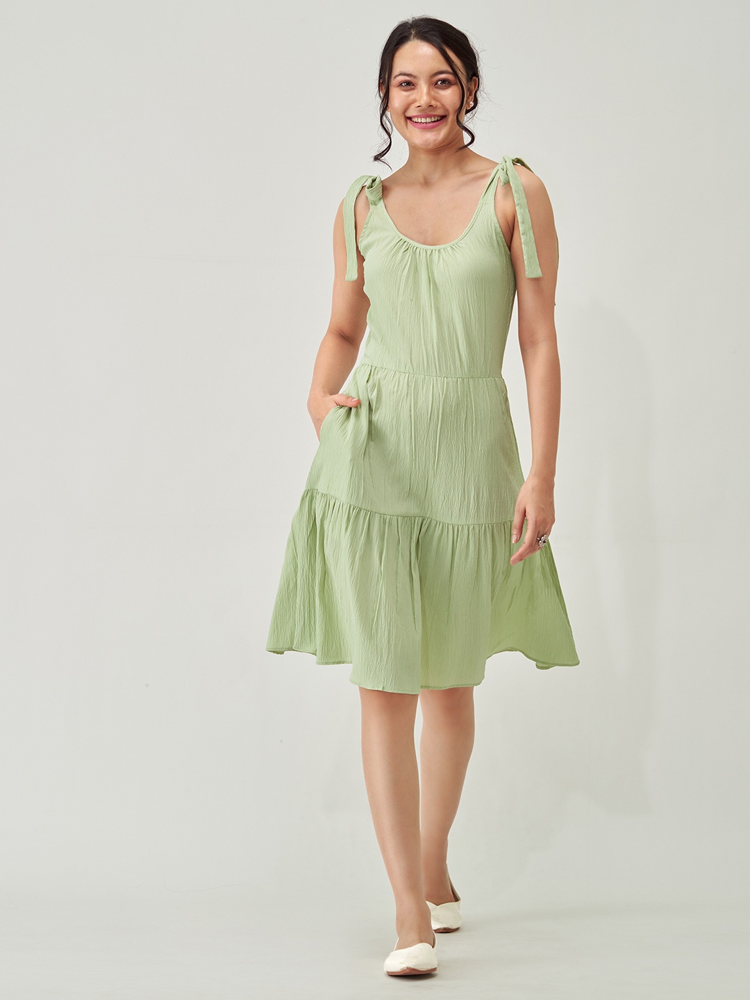 

AASK Shoulder Straps Crepe Tiered A-Line Dress, Lime green