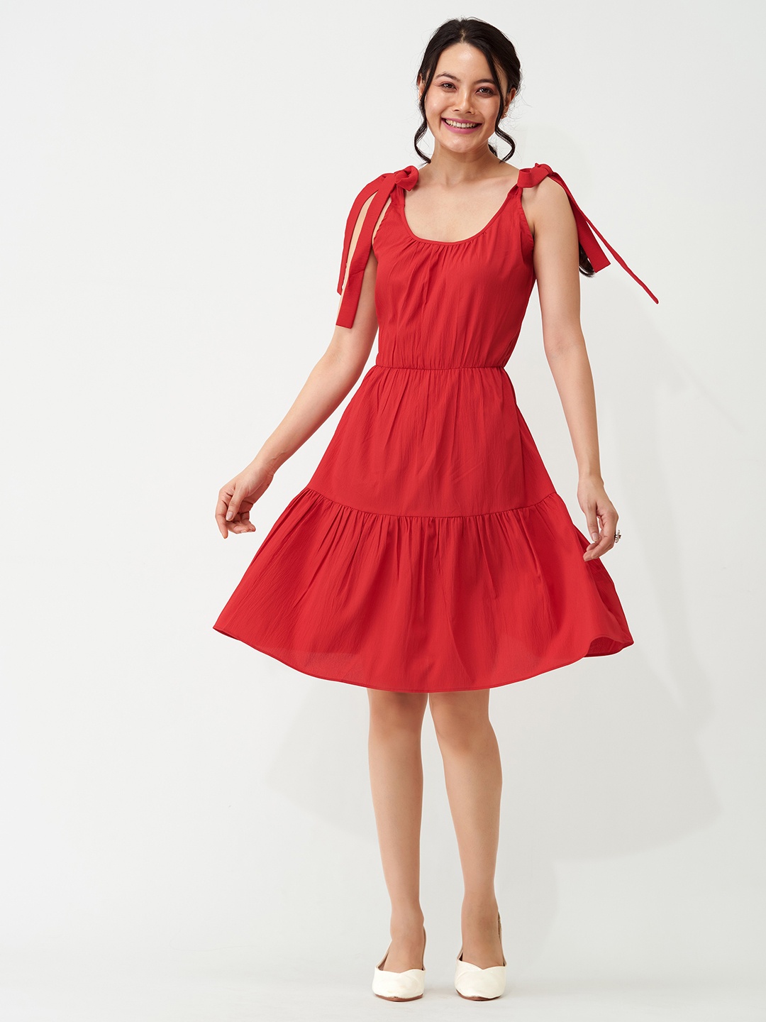 

AASK Tie-Up Tiered Fit & Flare Dress, Red