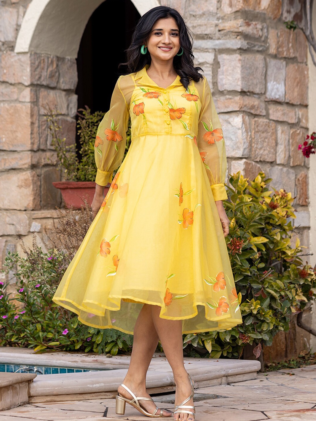 

Ambraee Floral Printed Shirt Collar Fit & Flare Midi Dress, Yellow