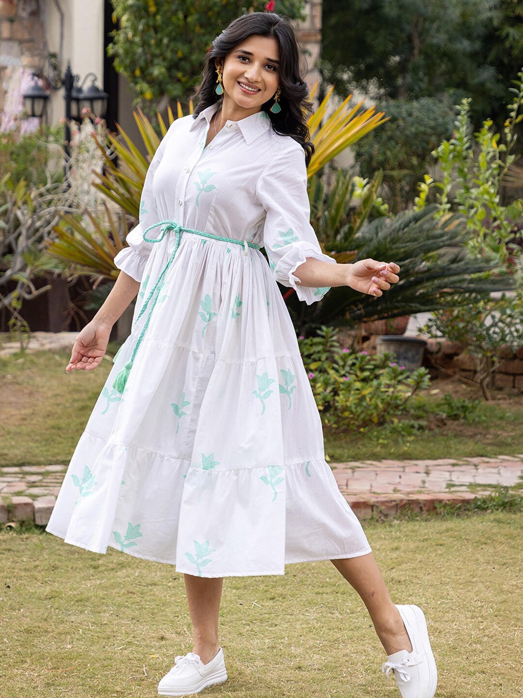 

Ambraee Floral Printed Tiered Shirt Dress, White
