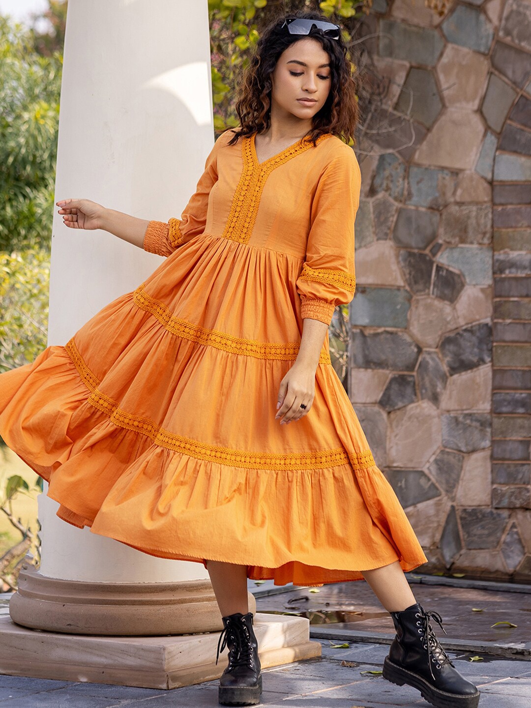 

Ambraee V-Neck Lace Insert Tiered Fit & Flare Midi Dress, Orange