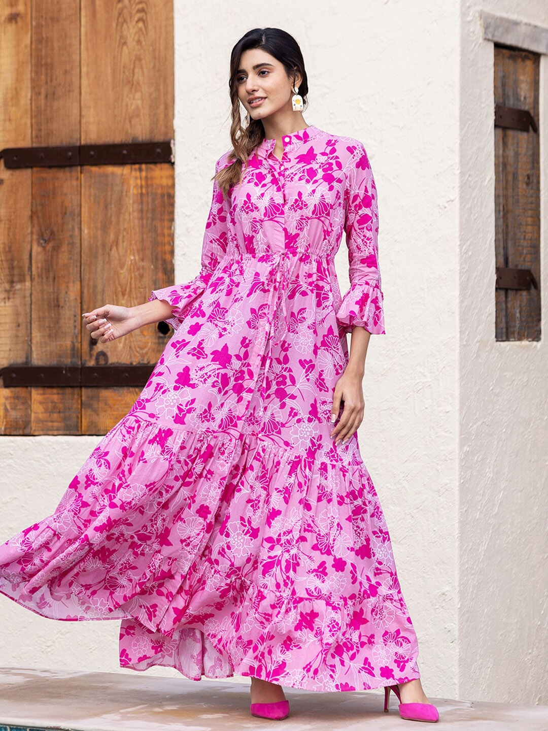 

Ambraee Floral Printed Tiered Fit & Flare Maxi Dress, Pink