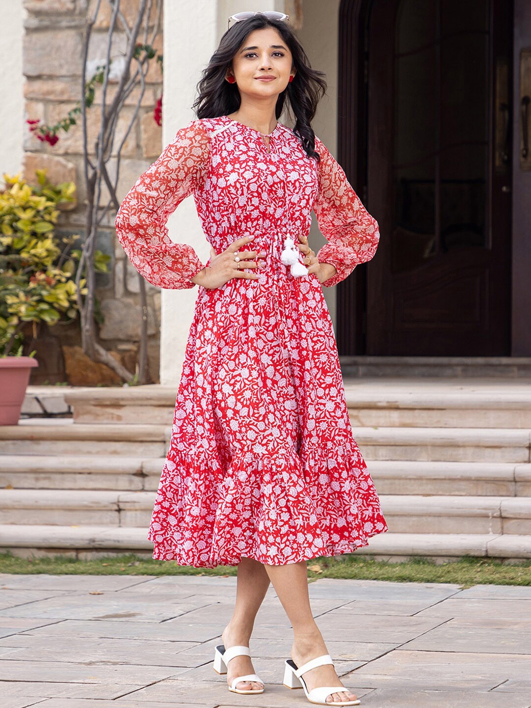 

Ambraee Floral Cotton Midi Dress, Red