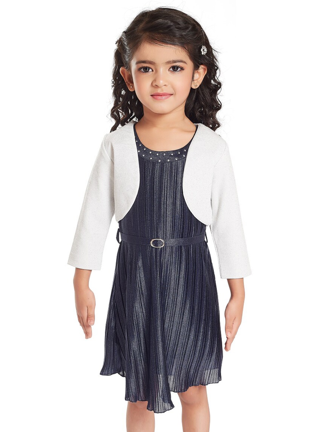 

Peppermint Girls Striped Satin Dress With Belt Comes With Shrug, Navy blue