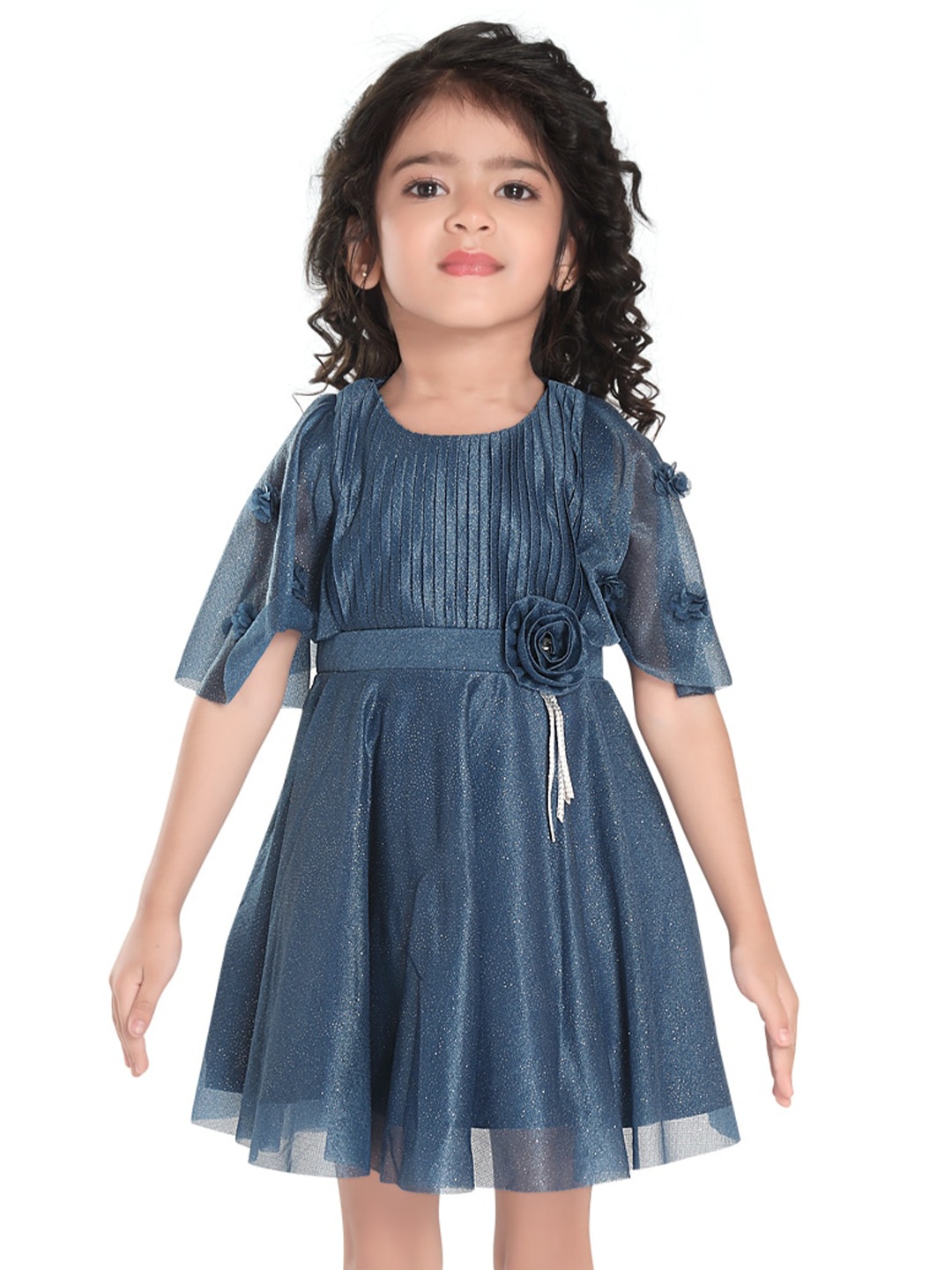 

Peppermint Girls Embellished Net Flared Sleeves Fit & Flare Dress, Teal