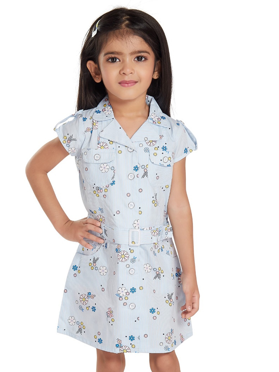 

Peppermint Girls Floral Printed Shirt Collar Pure Cotton Dress With Belt, Blue