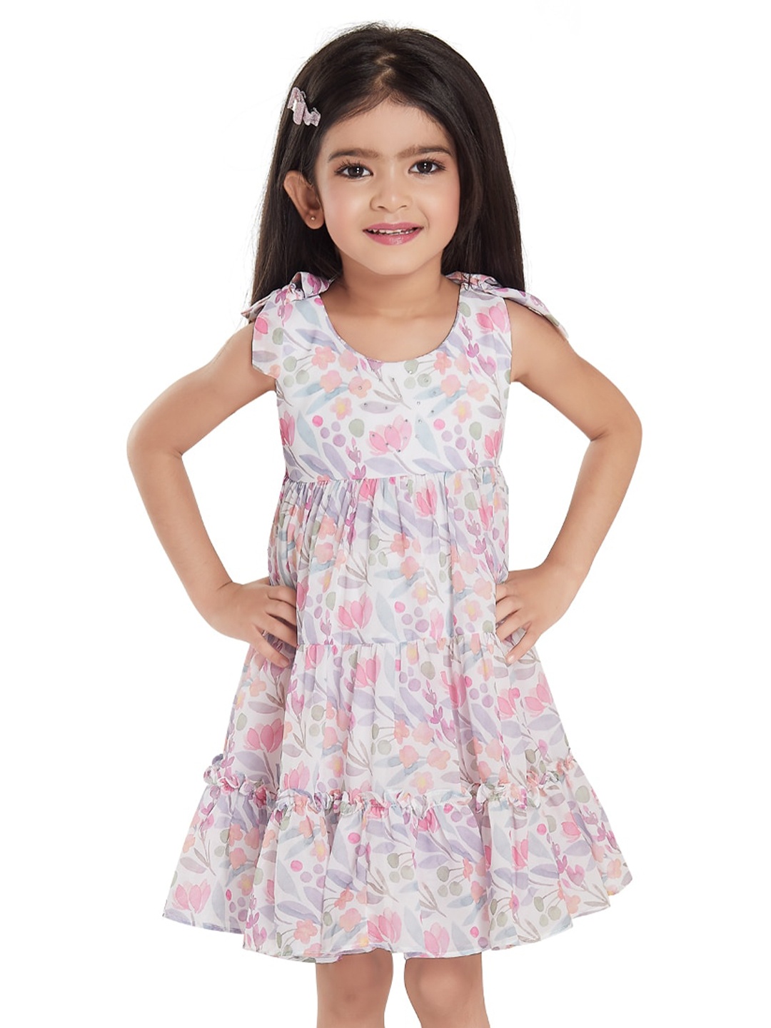 

Peppermint Girls Round Neck Floral Printed Tiered Cotton Fit And Flare Dress, Pink