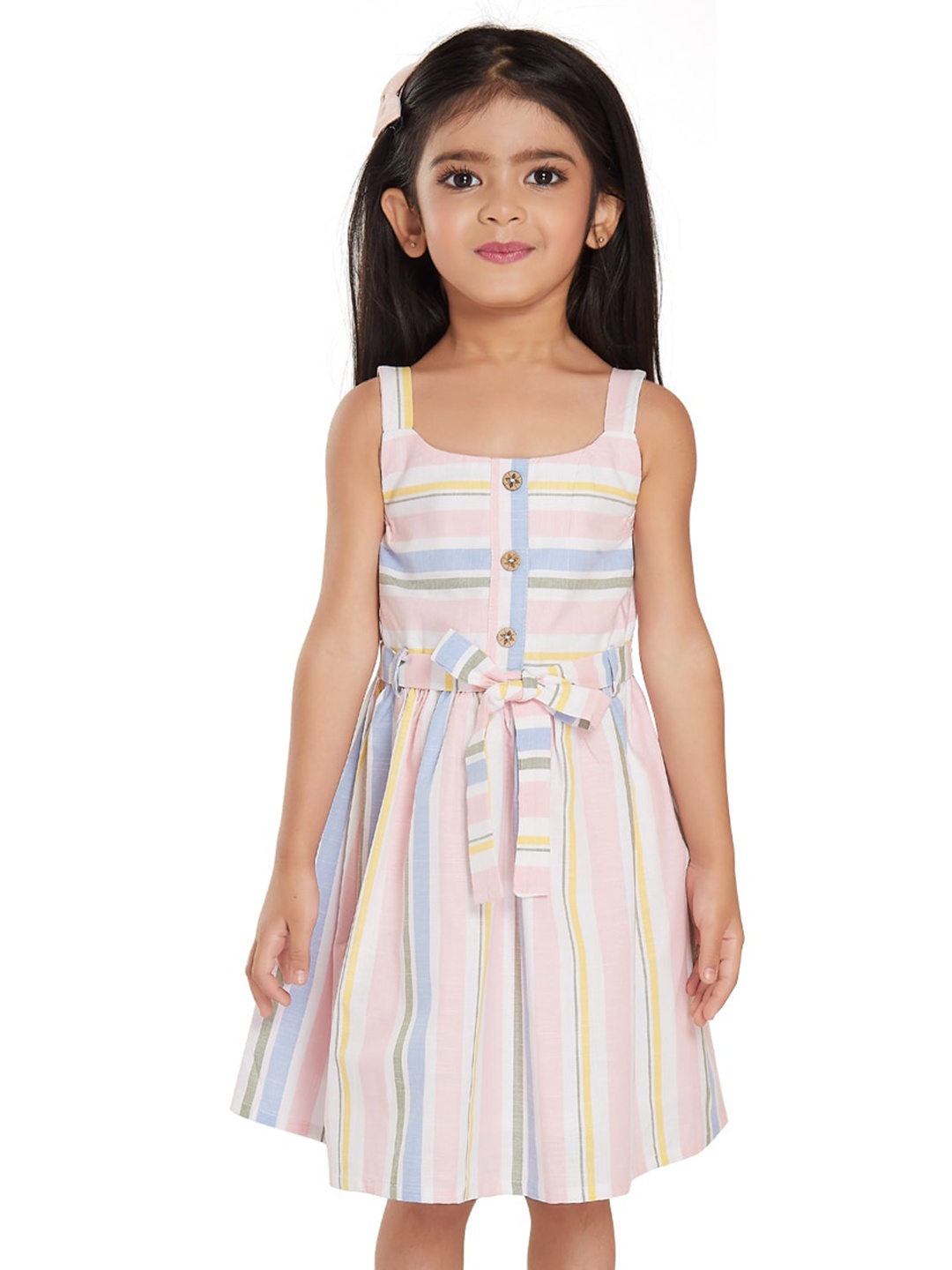 

Peppermint Girls Shoulder Straps Cotton Striped Dress With Belt, Pink