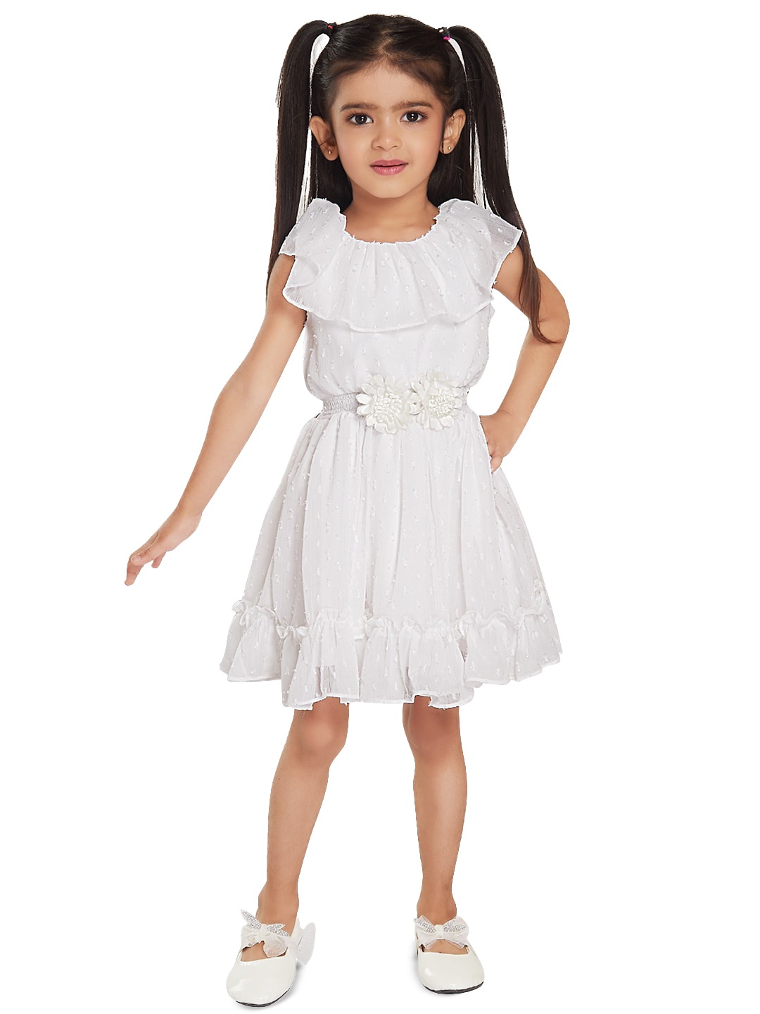 

Peppermint Girls Self Design Embellished Fit & Flare Dress, White