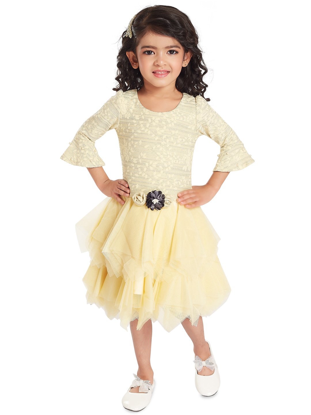 

Peppermint Girls Floral Self Design Net Bell Sleeves Knee Length Fit & Flare Dress, Yellow