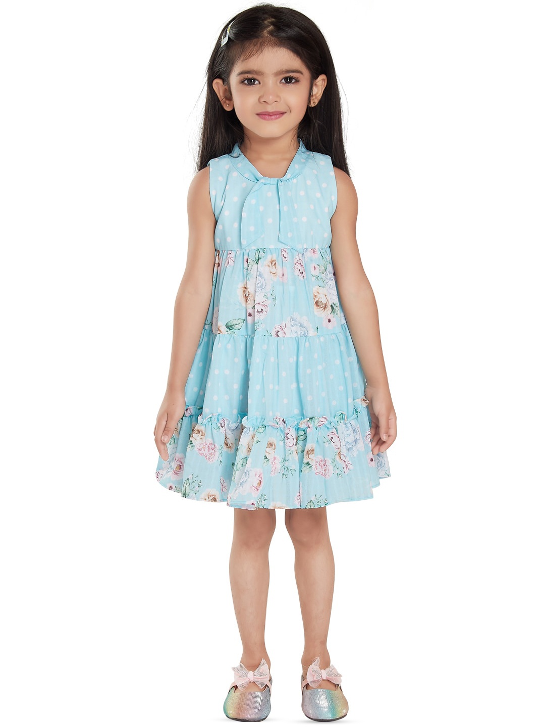 

Peppermint Girls Tie-Up Floral Printed Cotton Tiered A-Line Dress, Blue