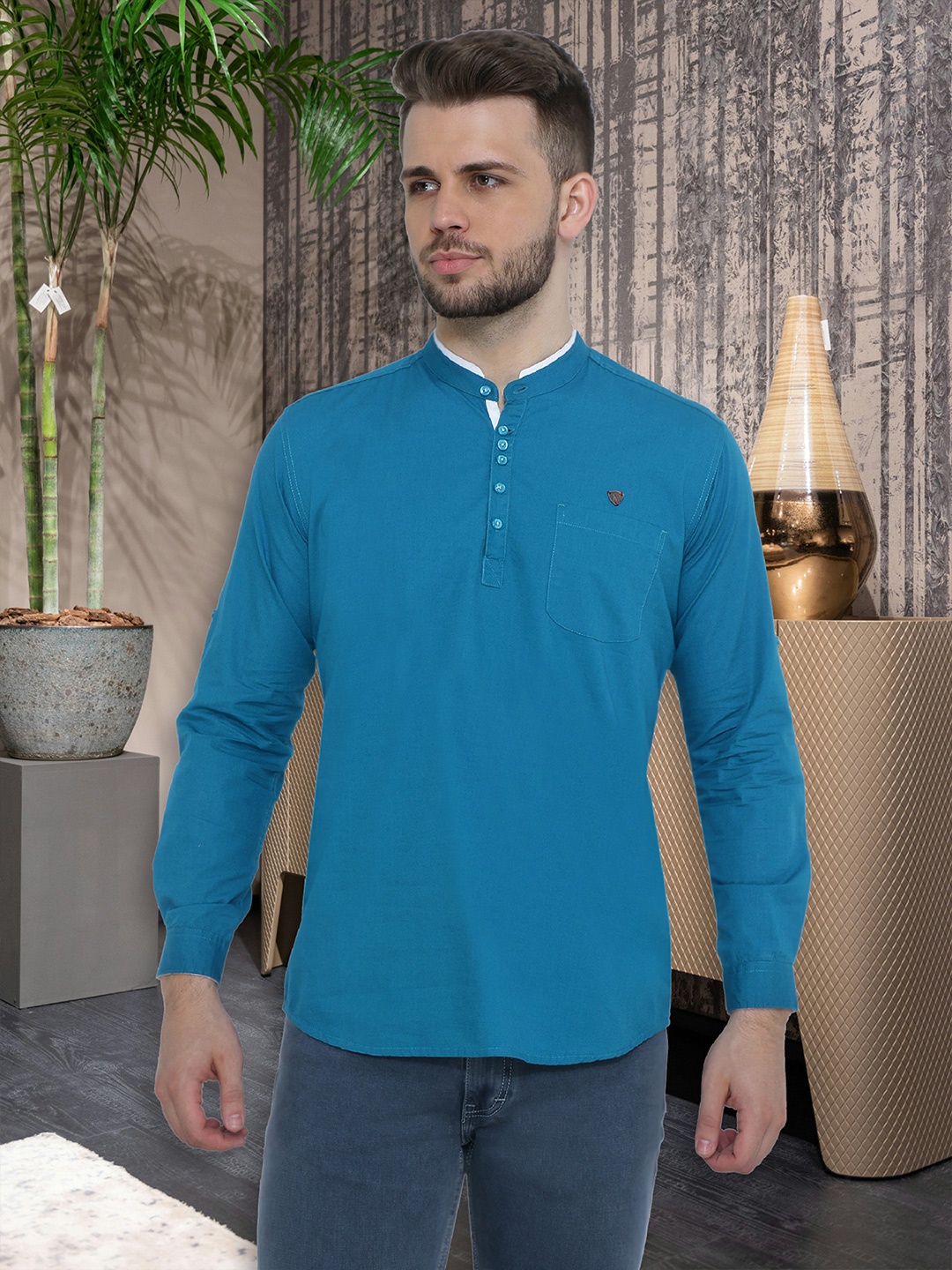 

Kuons Avenue Mandarin Collar Linen Kurta, Teal