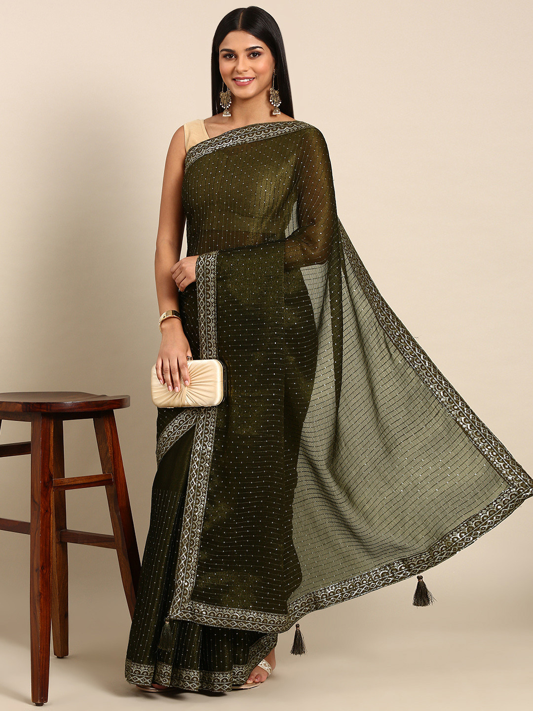 

Mitera Embroidered Embellished Sequinned Pure Chiffon Saree, Brown