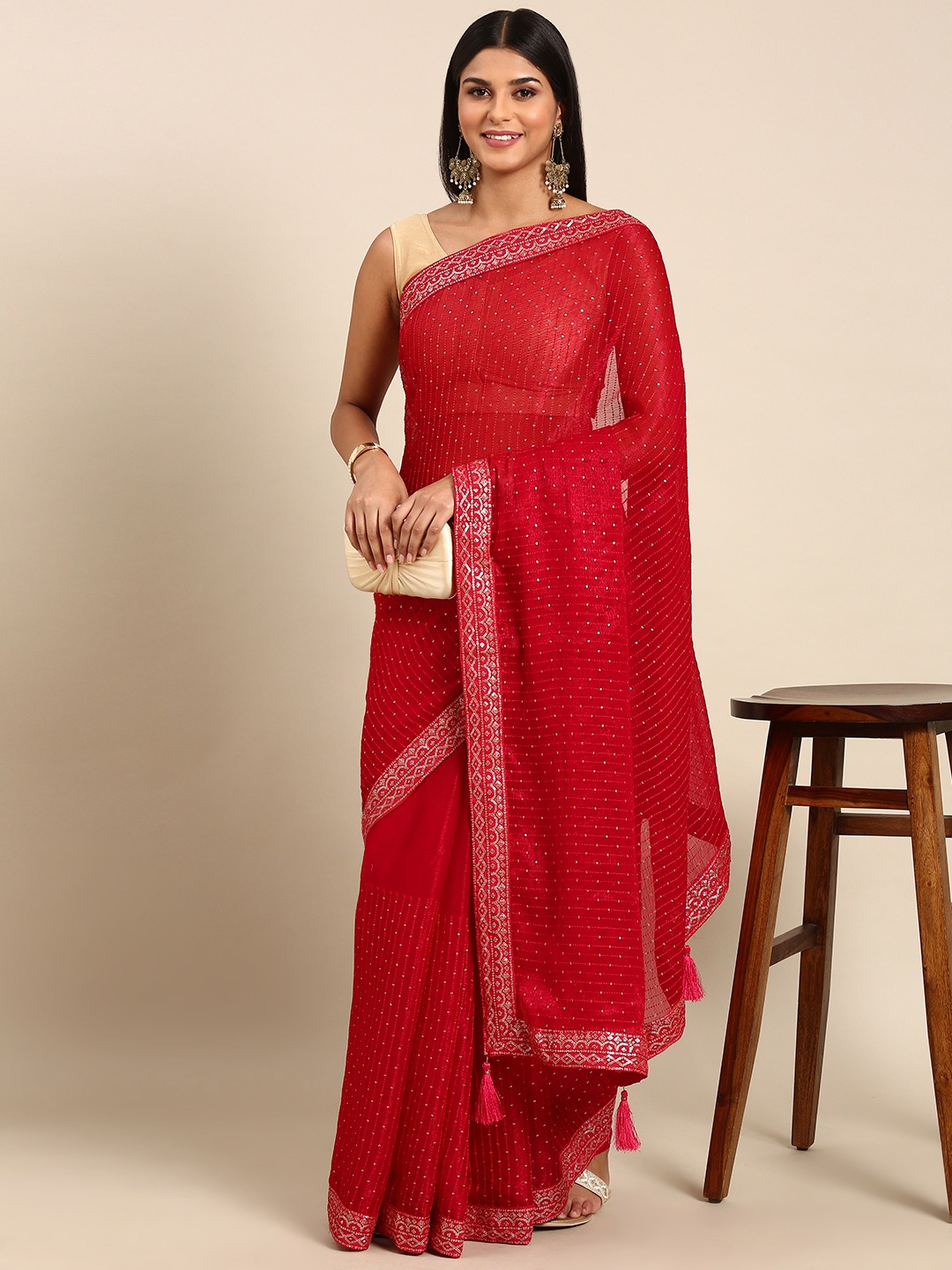 

Mitera Embroidered Embellished Sequinned Pure Chiffon Saree, Red