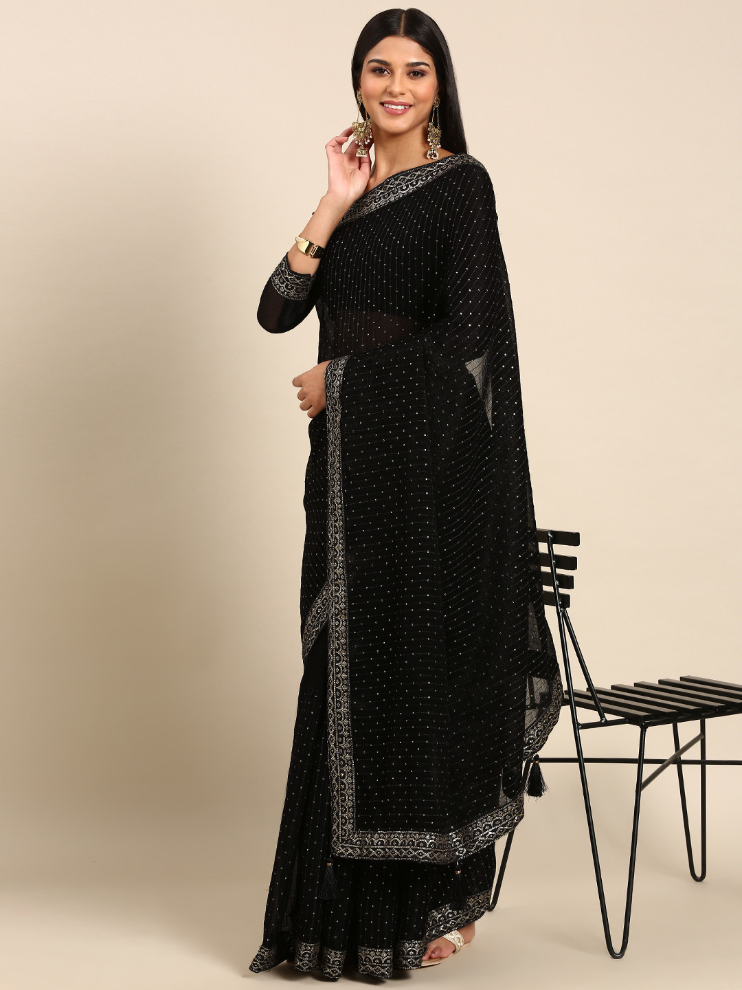 

Mitera Embroidered Embellished Sequinned Pure Chiffon Saree, Black