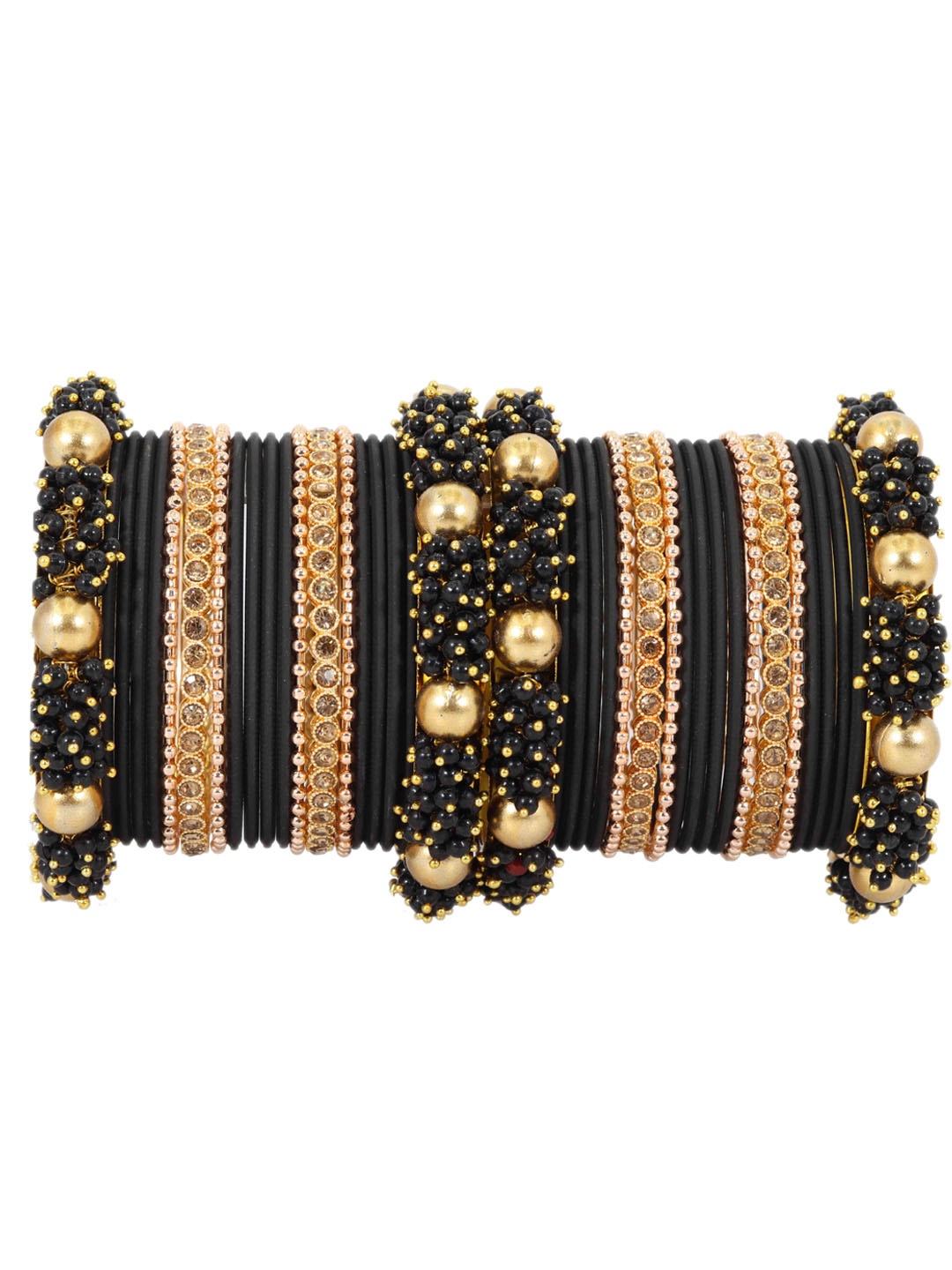 

Set Of 40 Gold-Plated Zircon Studded Chuda Bangles, Black