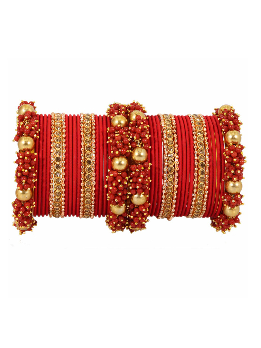 

NMII 40 Pcs Zircon Studded & Pearls Beaded Antique Bangles, Red