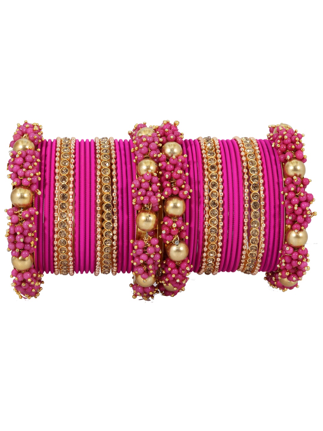 

NMII 40 Pcs Zircon Studded & Pearls Beaded Antique Bangles, Pink