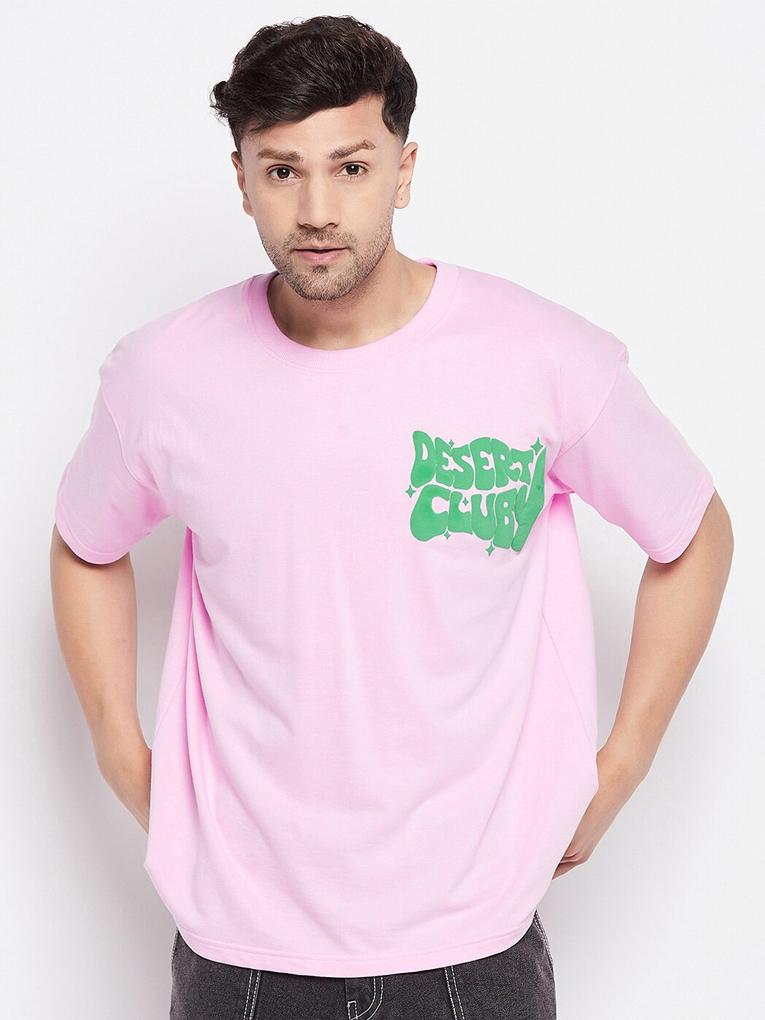 

FUGAZEE Typography Printed Drop Shoulder Pure Cotton Oversized Fit T-shirt, Pink