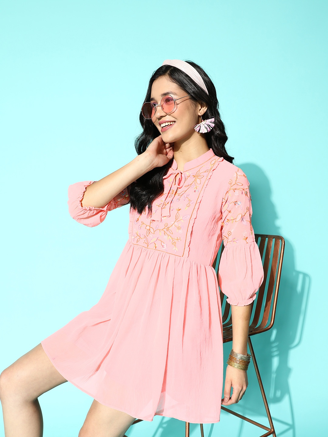 

Sangria Pink Floral Embroidered Tie-Up Neck Puff Sleeve Georgette Ethnic Dress