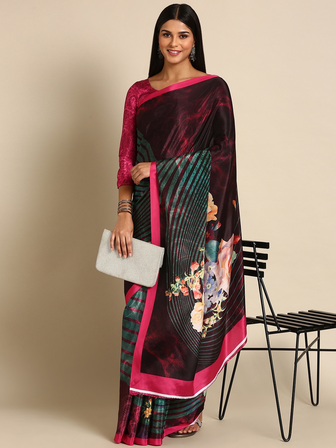 

Mitera Floral Print Pure Silk Saree, Maroon