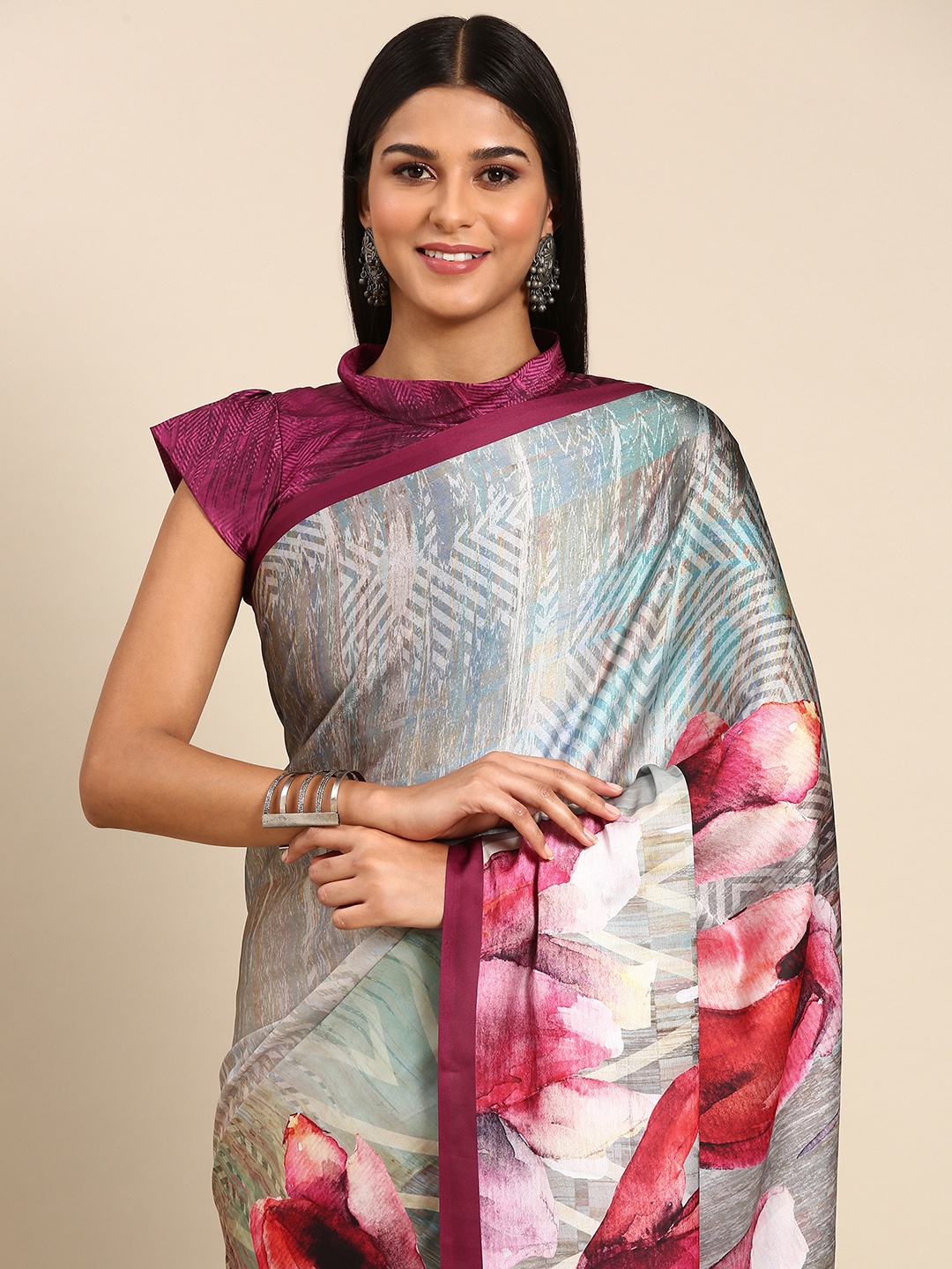 

Mitera Geometric Print Pure Silk Saree, Green