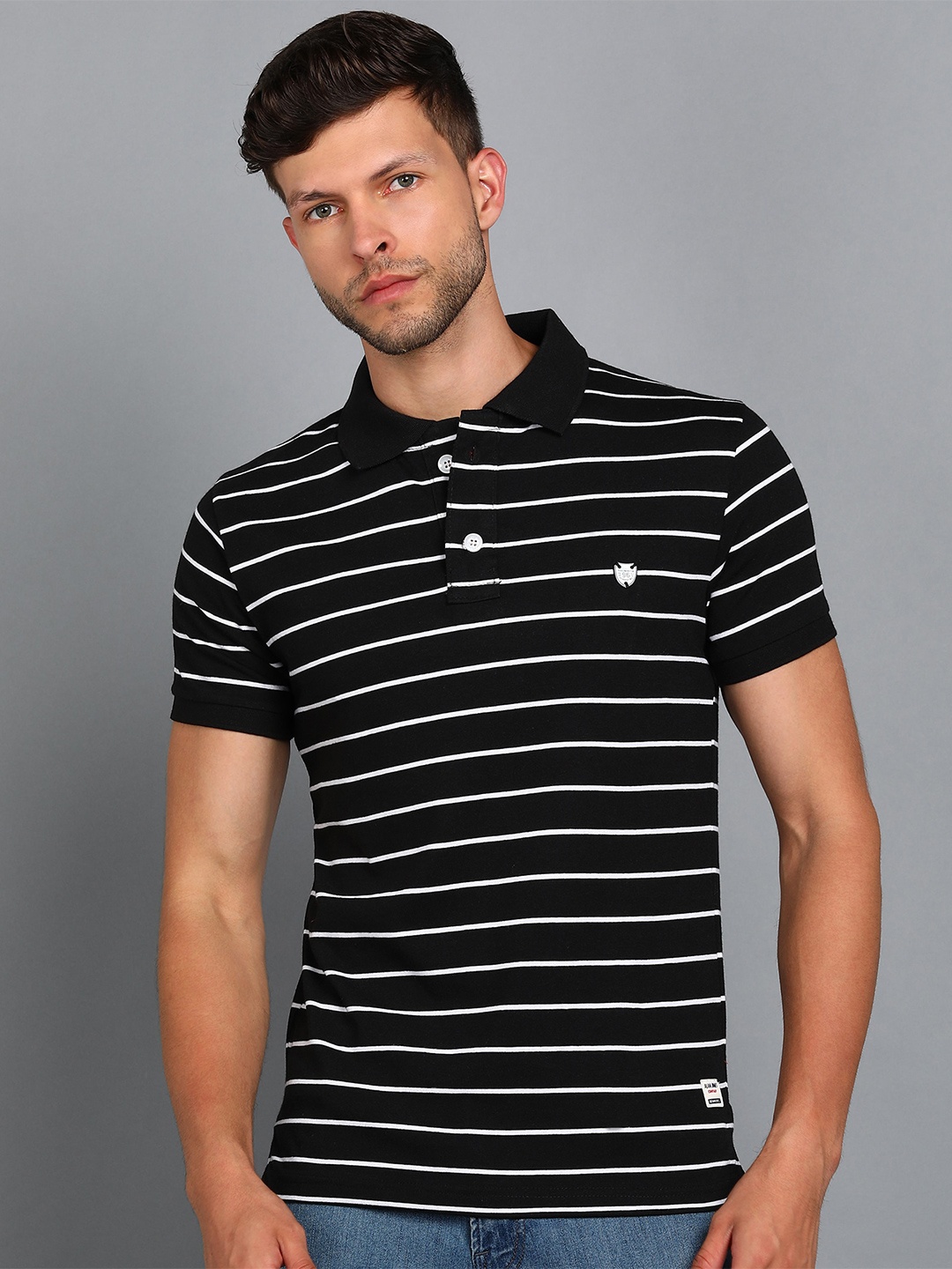 

Alan Jones Striped Polo Collar Slim Fit T-shirt, Black