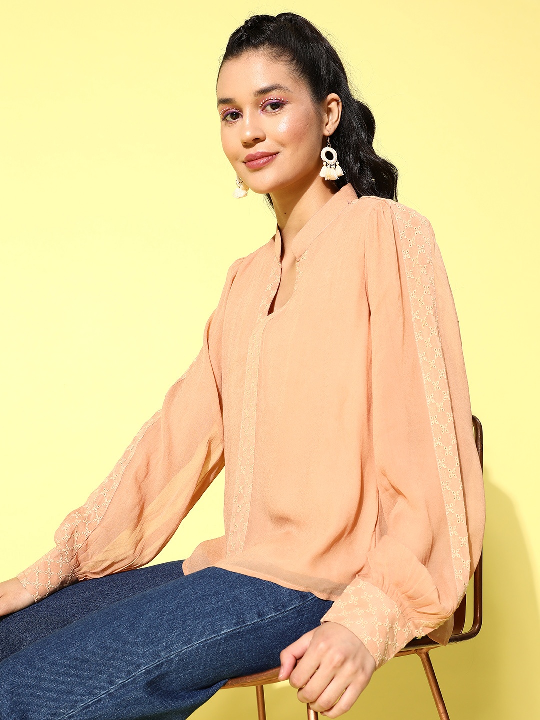 

Sangria Peach-Coloured Mandarin Collar Georgette Top