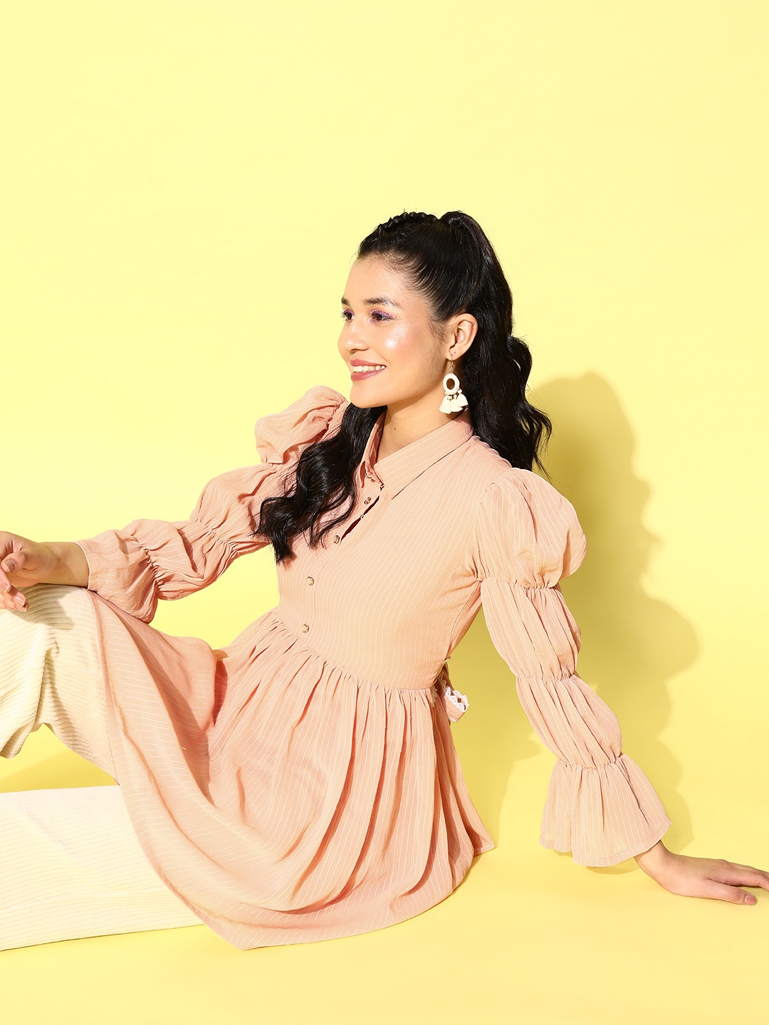 

Sangria Peach-Coloured Shirt Collar Striped Puff Sleeves Tunic