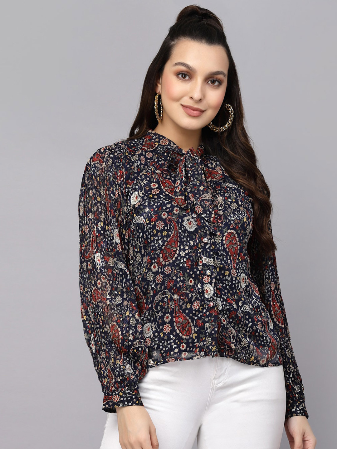 

Mafadeny Floral Printed Tie-Up Neck Shirt Style Top, Blue