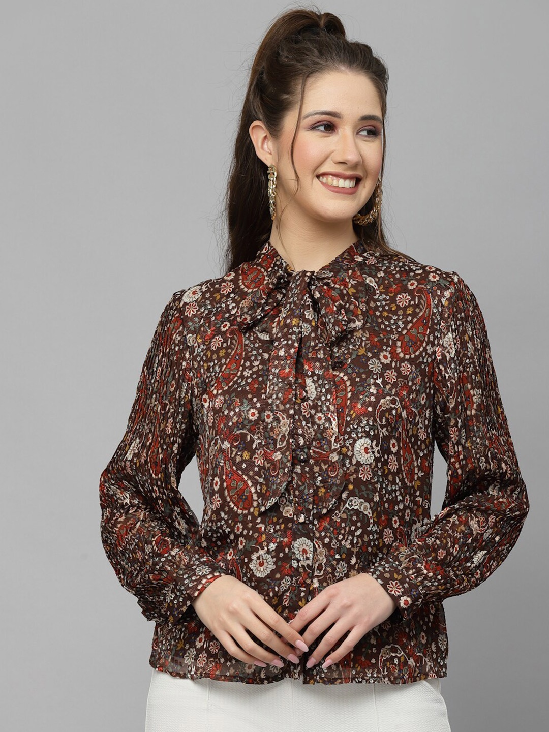 

Mafadeny Floral Print Tie-Up Neck Top, Brown