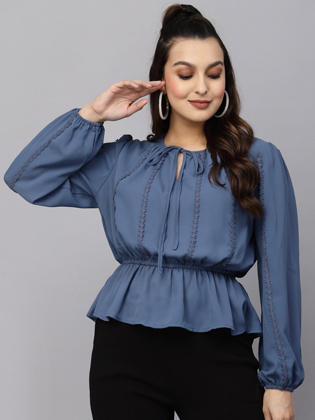 

Mafadeny Tie-Up Neck Puff Sleeves Chiffon Cinched Waist Top, Blue