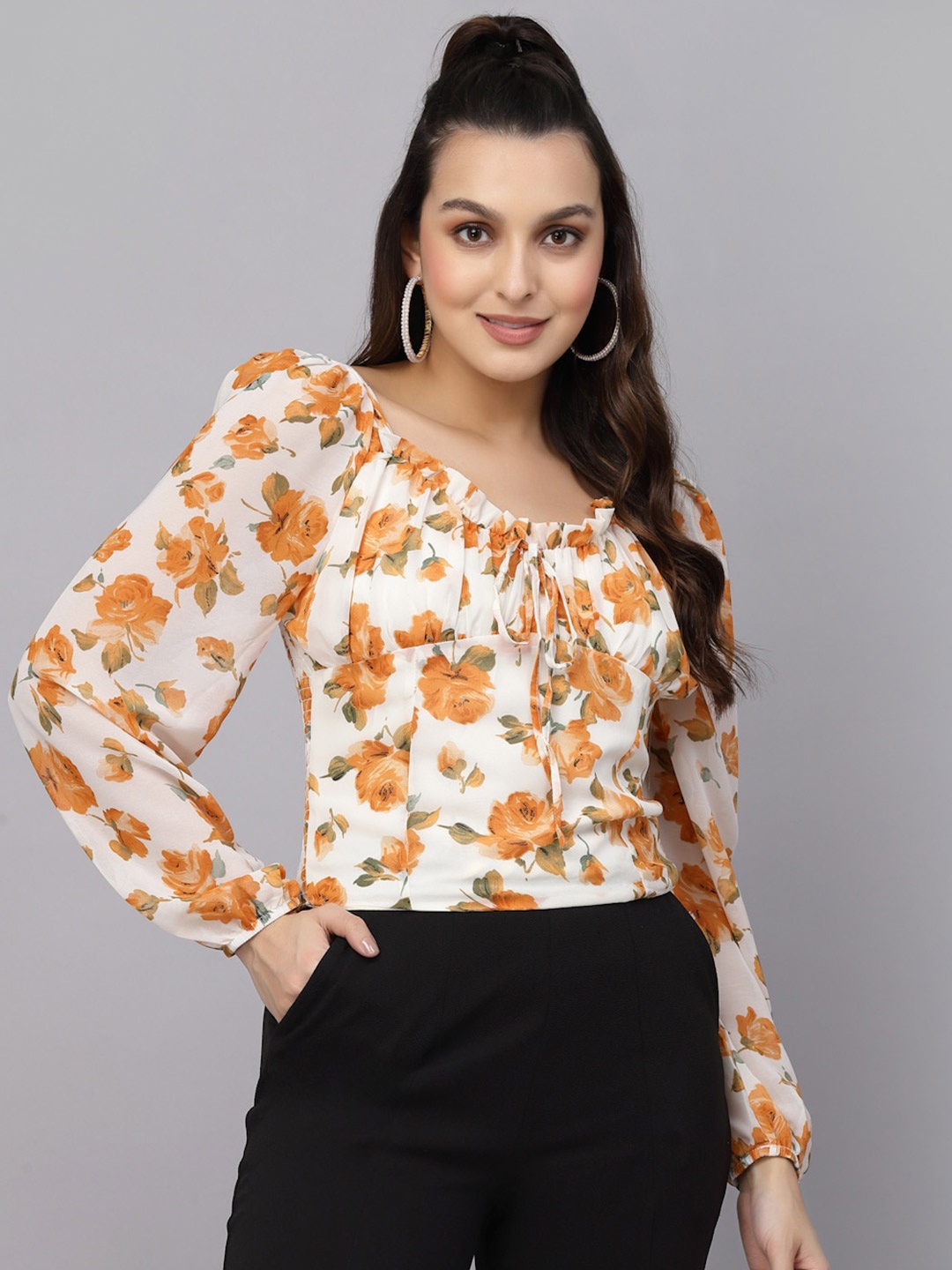 

Mafadeny Floral Print Tie-Up Neck Top, Cream