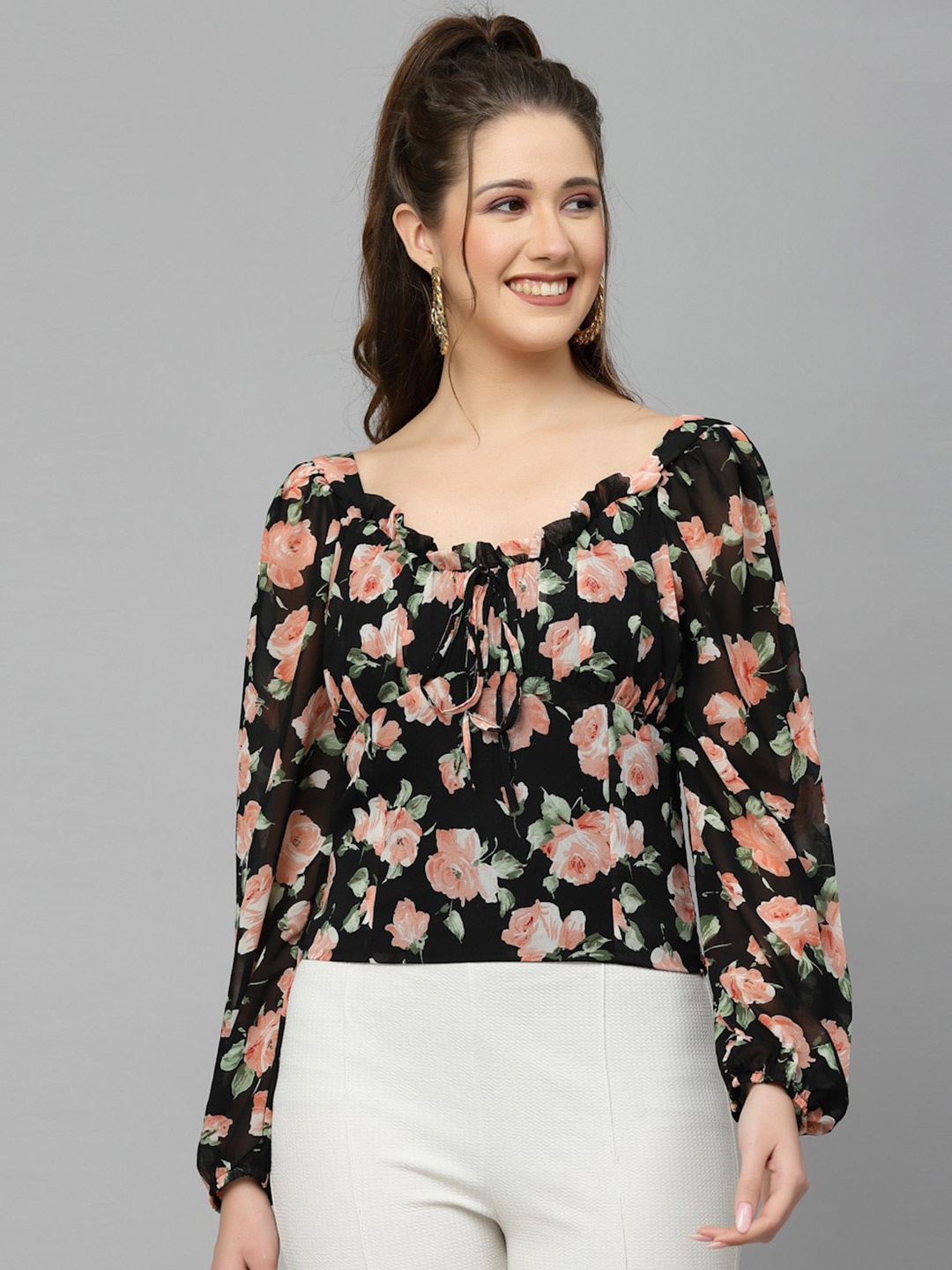 

Mafadeny Black Floral Print Tie-Up Neck Chiffon Top