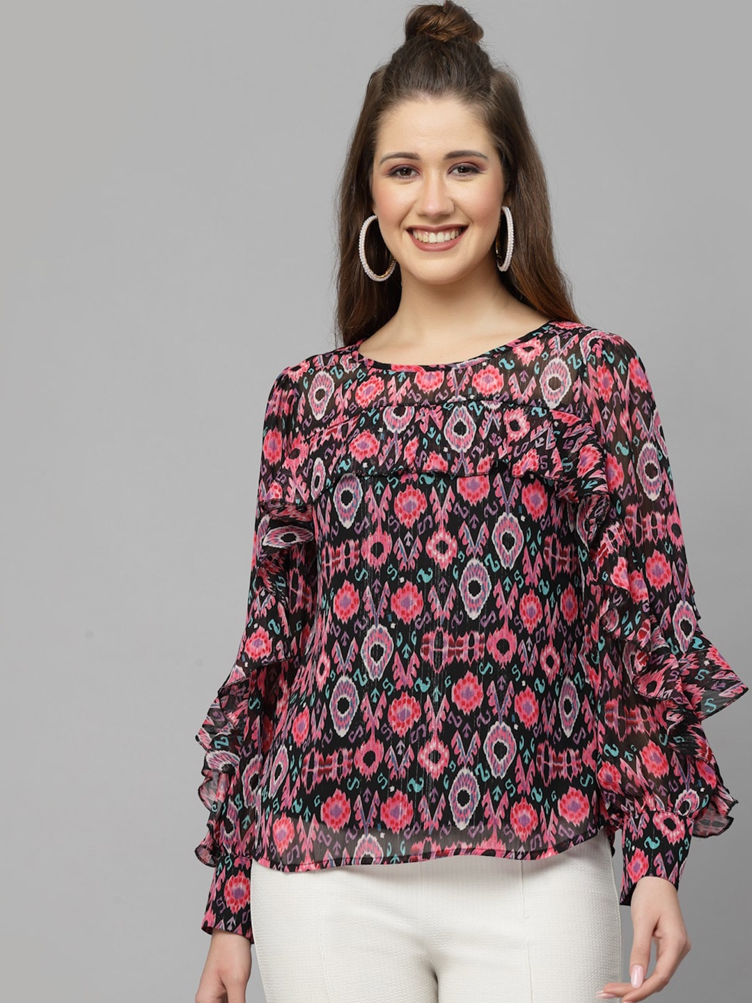 

Mafadeny Ethnic Motifs Printed Ruffled A-Line Top, Black