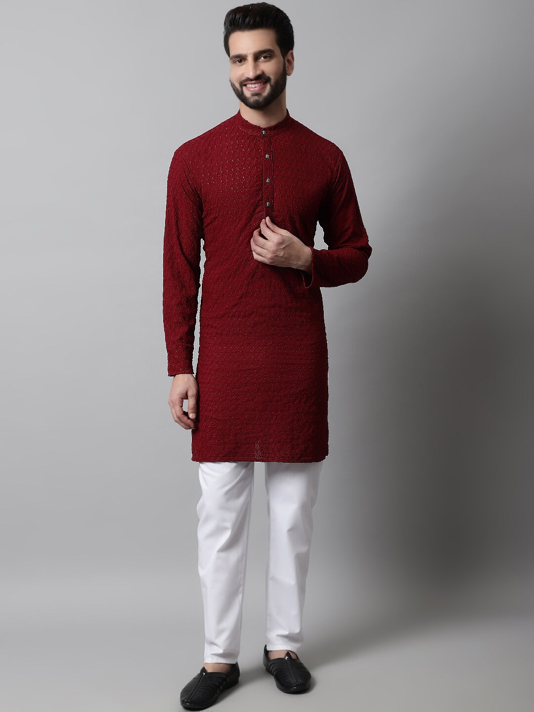 

Jompers Leheriya Embroidered Chikankari Pure Cotton Kurta With Churidar, Maroon
