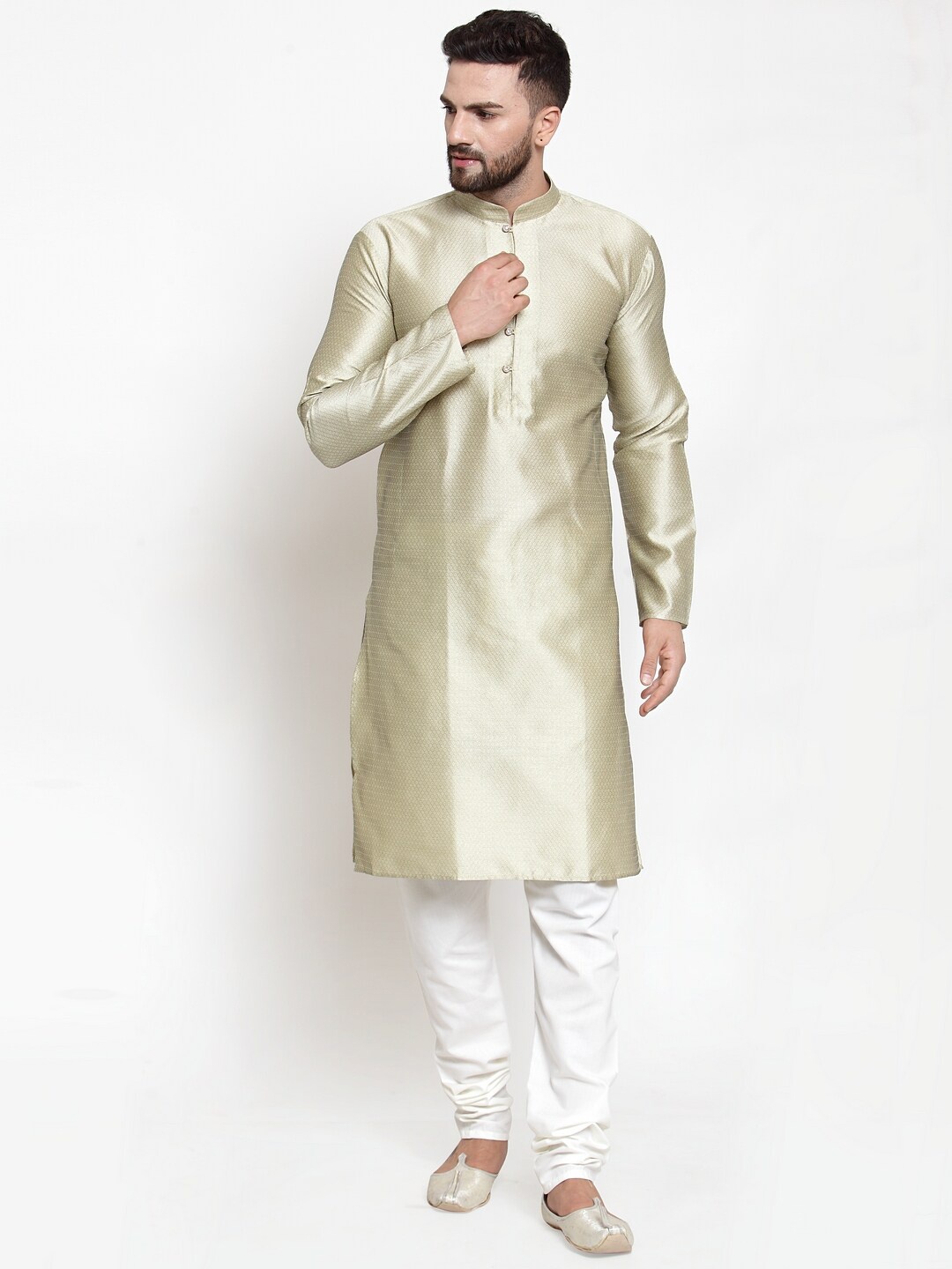

Jompers Mandarin Collar Ethnic Motifs Woven Design Straight Kurta with Churidar, Beige