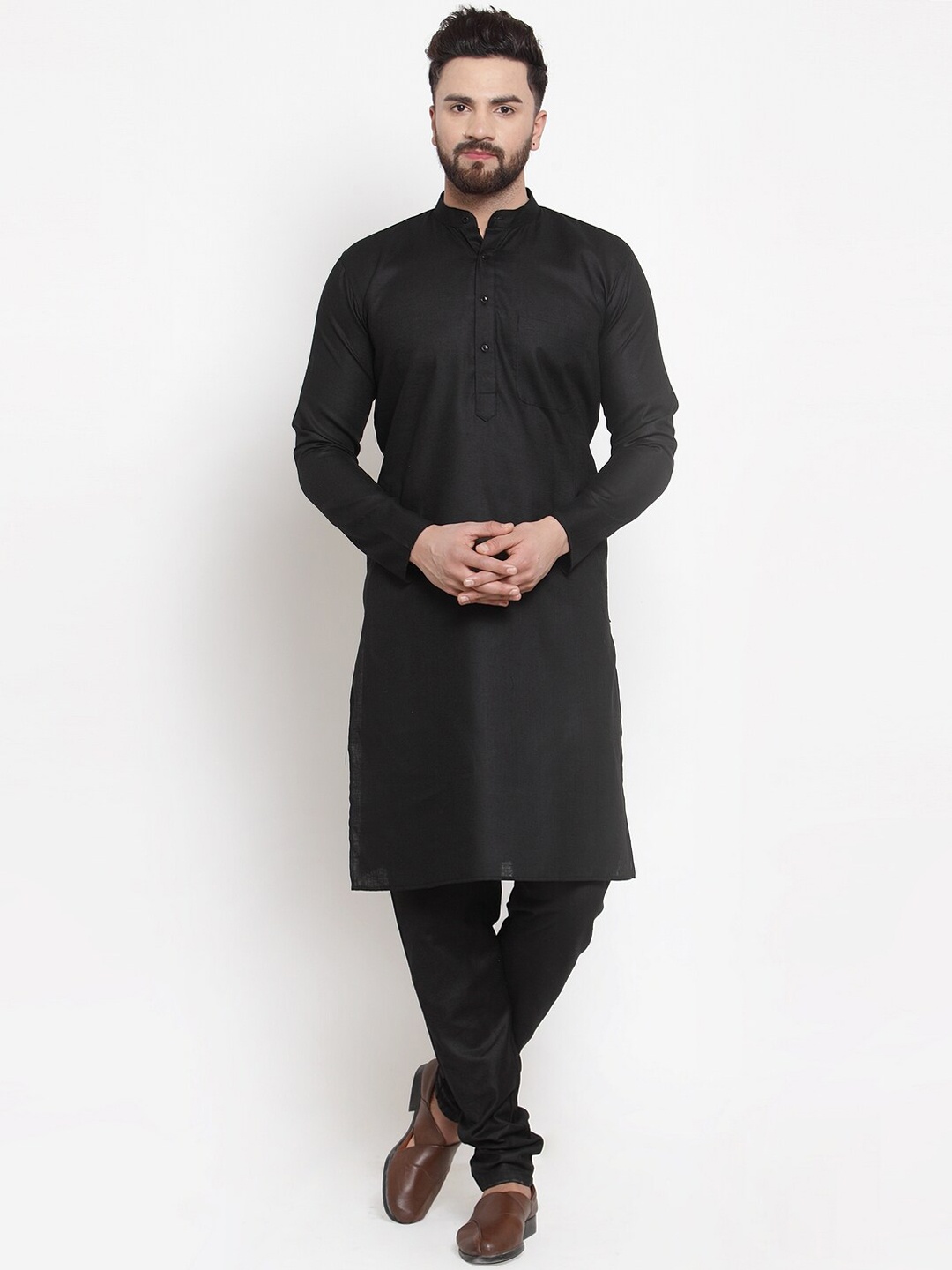 

Jompers Mandarin Collar Straight Pure Cotton Kurta with Churidar, Black