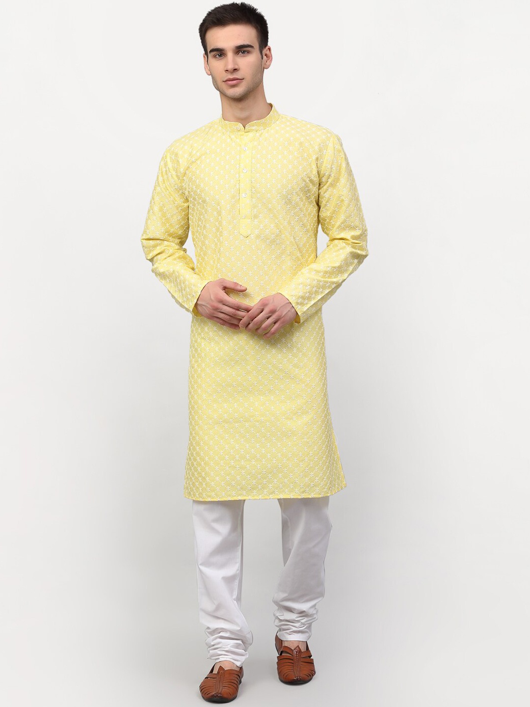 

Jompers Embroidered Mandarin Collar Chikankari Straight Kurta With Churidar, Yellow