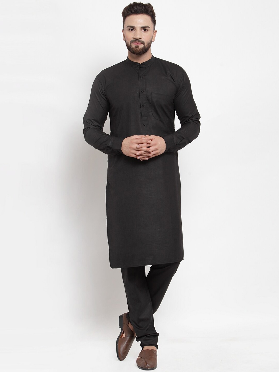 

Jompers Mandarin Collar Straight Kurta with Churidar, Black