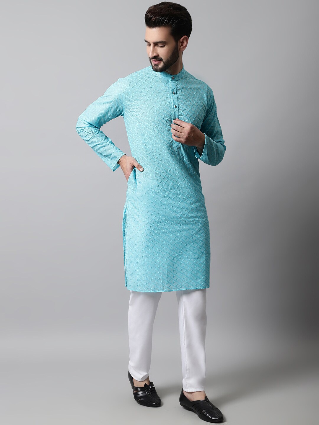 

Jompers Leheriya Embroidered Chikankari Pure Cotton Kurta with Churidar, Turquoise blue