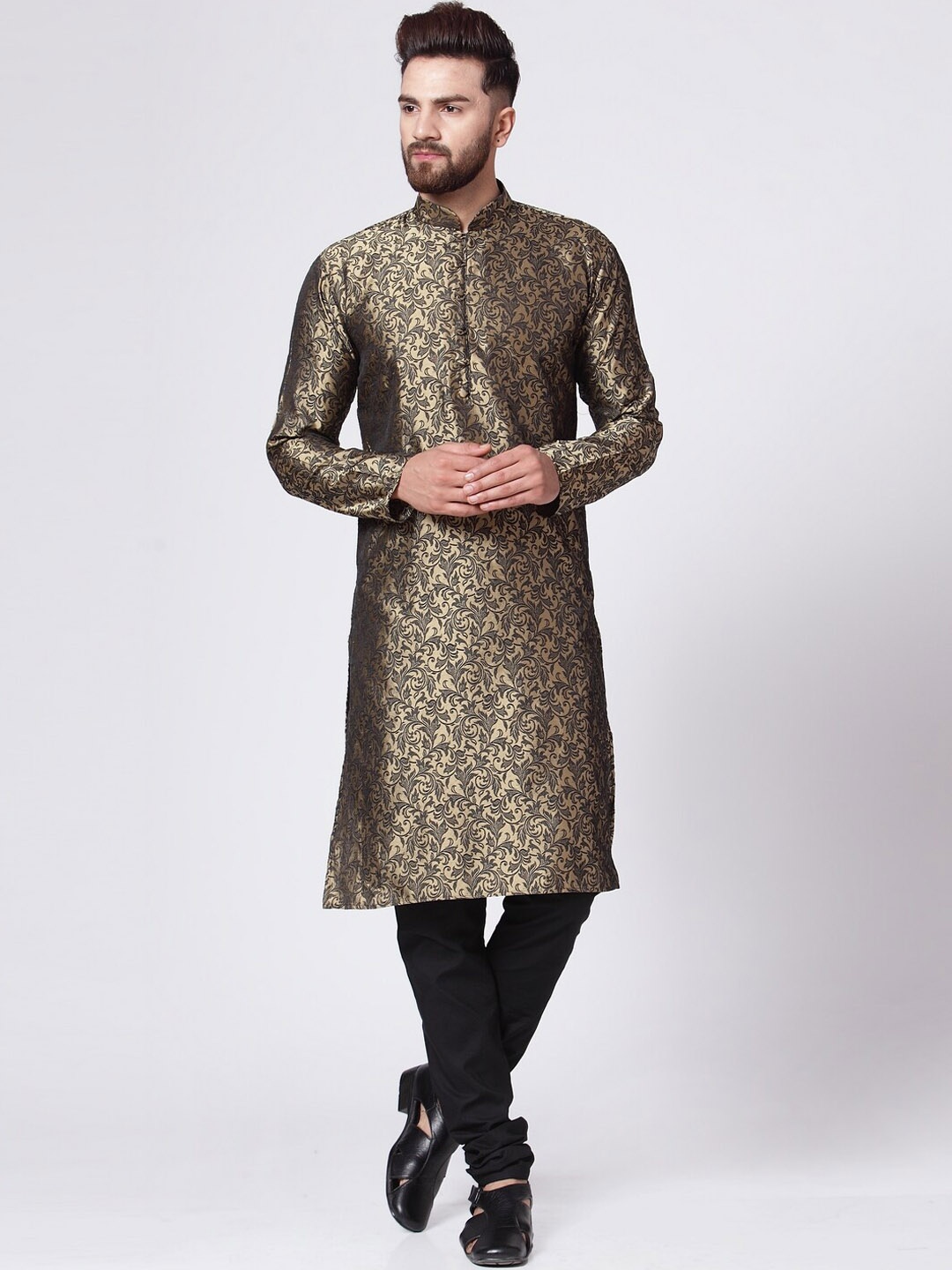 

Jompers Ethnic Motif Woven Design Mandarin Collar Straight Kurta With Churidar, Gold